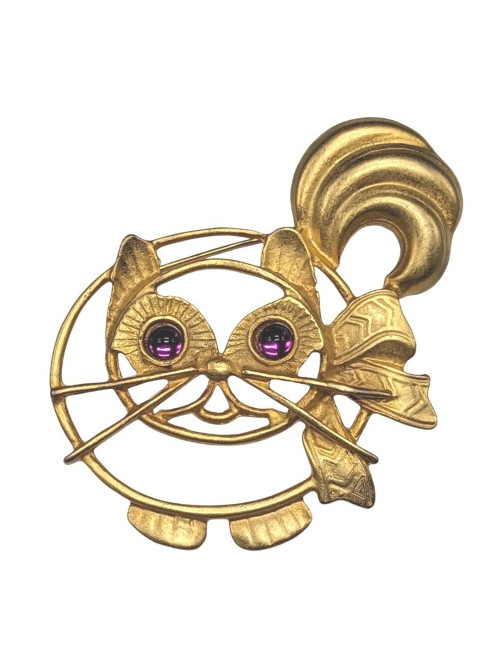 Vintage Gold Tone Cat Brooch With Purple Rhinestone Eyes - Whimsical Retro Jewel